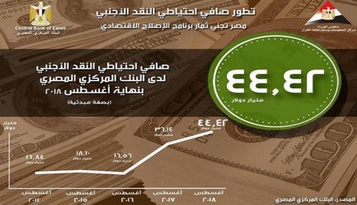 Валютные резервы Египта к концу августа 2018 года достигли 44,42 млрд долларов