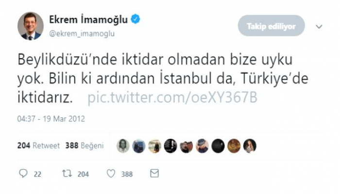 İmamoğlunun 2012-ci il tviti gündəm oldu