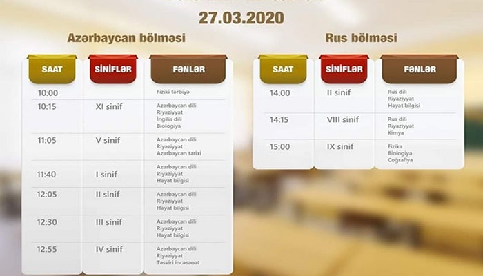 Sabaha olan “Dərs vaxtı”nın cədvəli