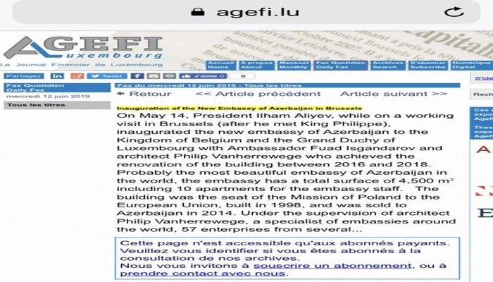 Lüksemburqun nüfuzlu jurnalı Azərbaycan səfirliyinin yeni binasından yazır