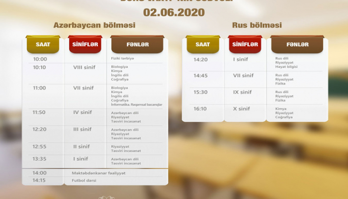 'Dərs vaxtı'nın 2 iyun cədvəli