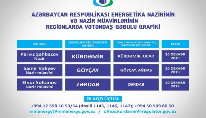 Energetika naziri və nazir müavinləri üç rayonda vətəndaşları qəbul edəcəklər