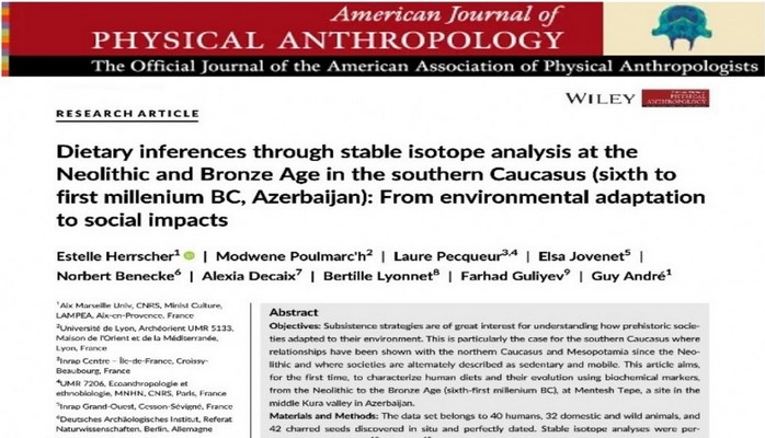 В научном журнале США опубликована статья о рационе древнего населения Южного Кавказа на основе исследований, проведенных в Азербайджане