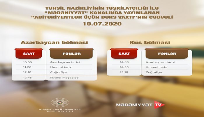 "Abituriyentlər üçün dərs vaxtı"nın 10 iyul cədvəli