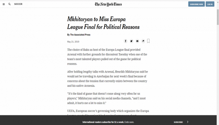 Avroliqanın finalı “New York Times”da - Məqalədə Qarabağ münaqişəsinə də yer verilib