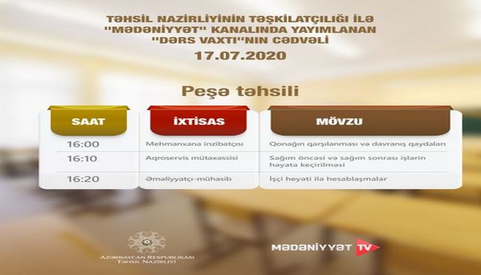 Peşə təhsili ilə bağlı “Dərs vaxtı”nın sabaha olan cədvəli açıqlanıb